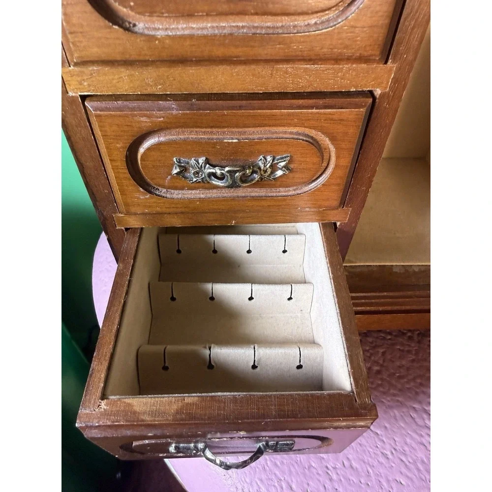 Large Armoire-Style Jewelry Box with Glass Door & 5 Drawers 14×10×5.75 Inches